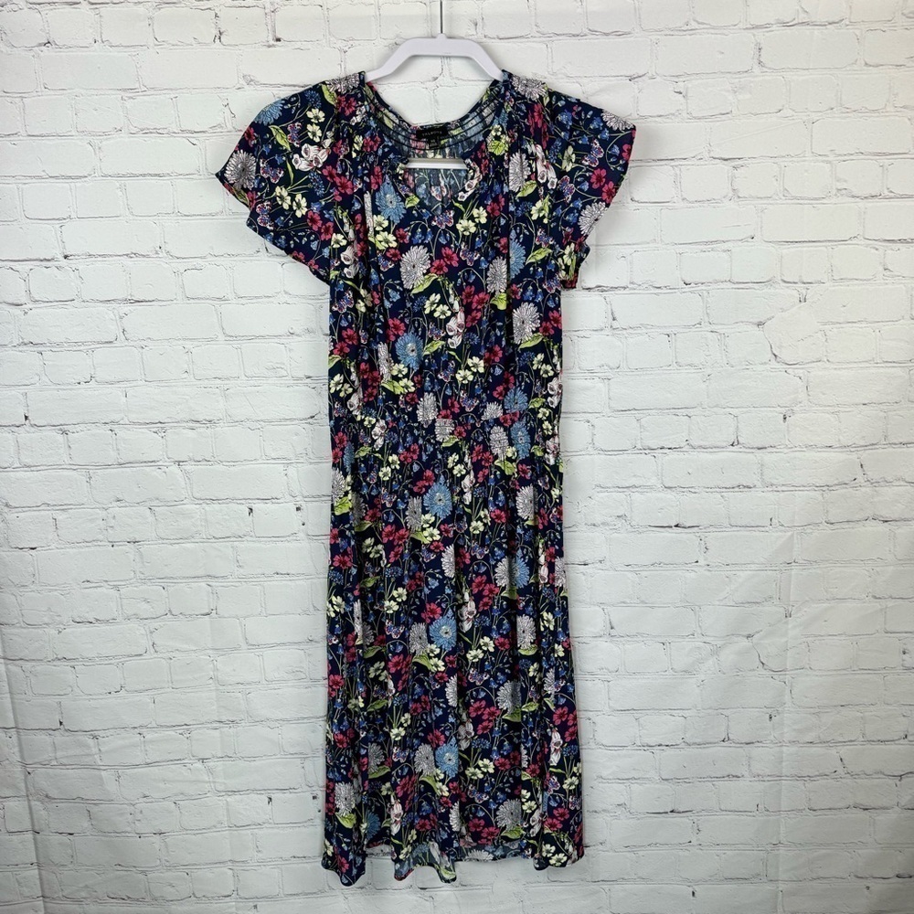 Talbots Smocked Split Neck Dress Knee Length Fit & Flare Floral Print XS